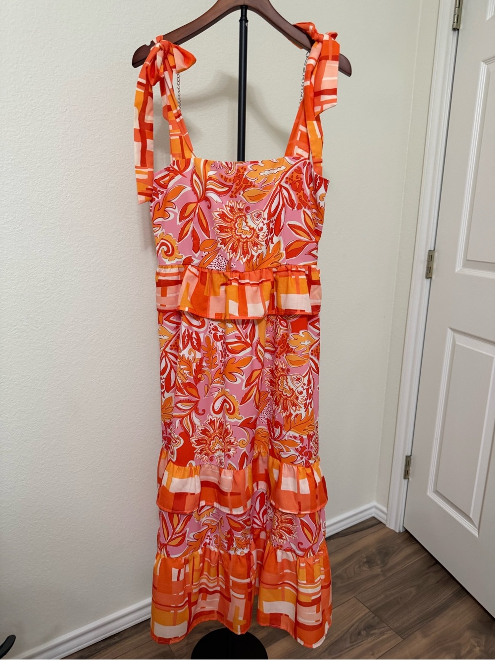 Girls' Pink & Orange Floral Ruffle One-Piece Dress